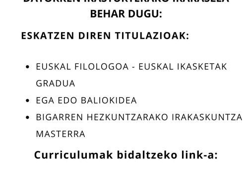 DATORREN IKASTURTERAKO IRAKASLEA BEHAR DUGU